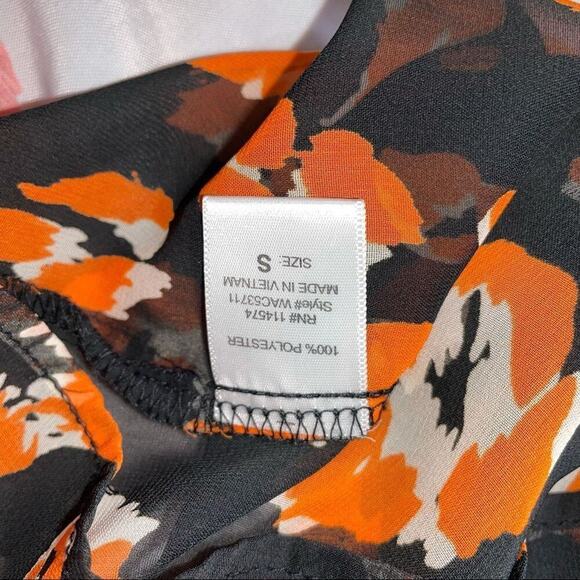 Pleione Floral Print Sheer Black Orange Blouse - SM lightweight top orange black - Picture 6 of 6